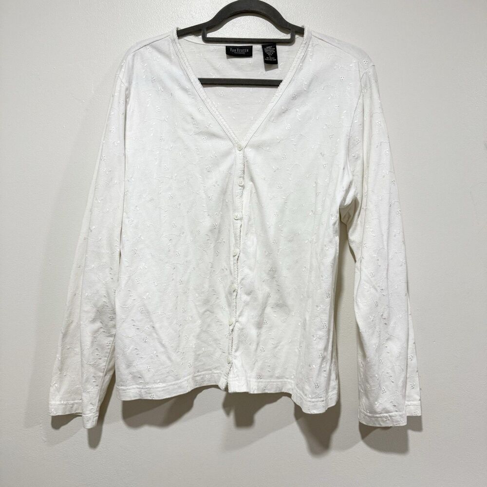 Van Heusen White Floral Eyelet Button Front Cardigan Sweater Women Size Large